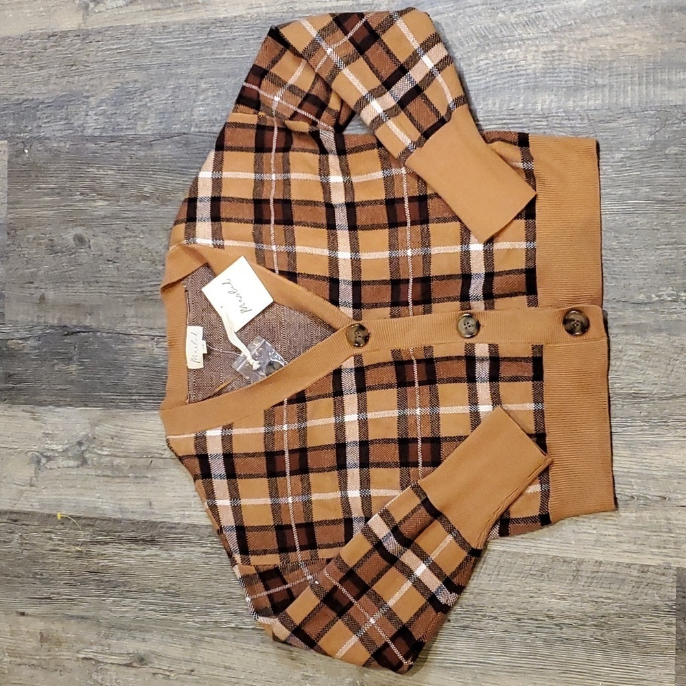 NWT Marled Plaid Camel Cardigan Medium